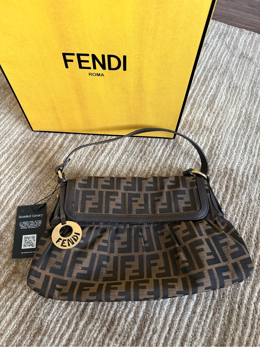 Fendi Brown FF Logo Canvas Shoulder Bag with Charm - Picture 4 of 11